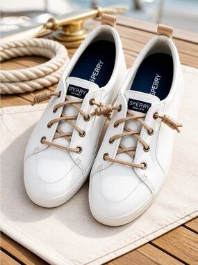 Sperry Women’s White Leather Sneakers with Rose Gold Accents